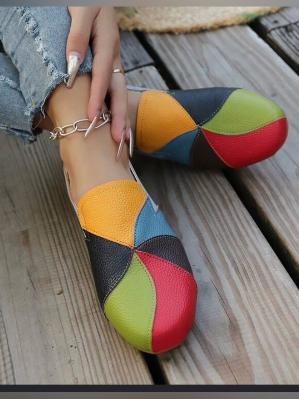 Multicolor Patchwork Faux Leather Slip-On Flats - Women